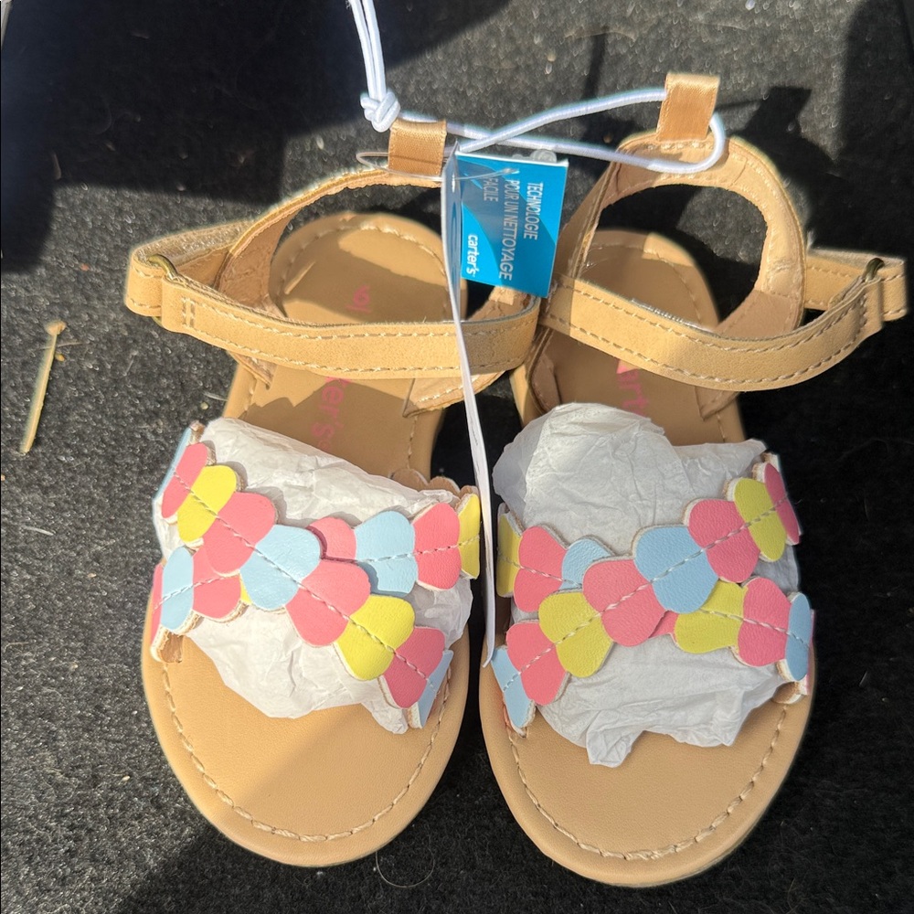 Carter's Tan Girls' Sandals with Pink, Yellow & Blue Petal Accents